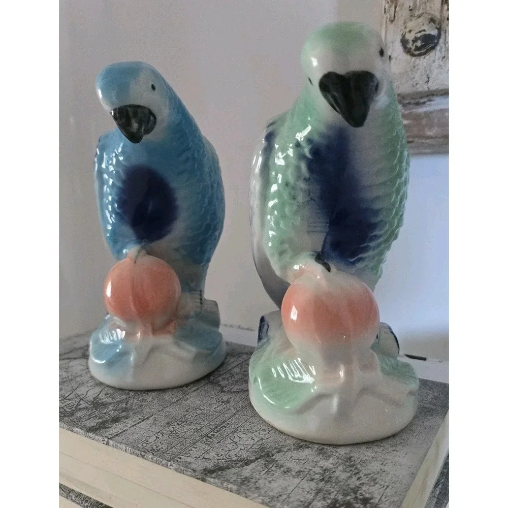 Set‎ Of 2 Vintage Porcelain Blue Parrots Figurine Brazil Pastel Colors No Chips
